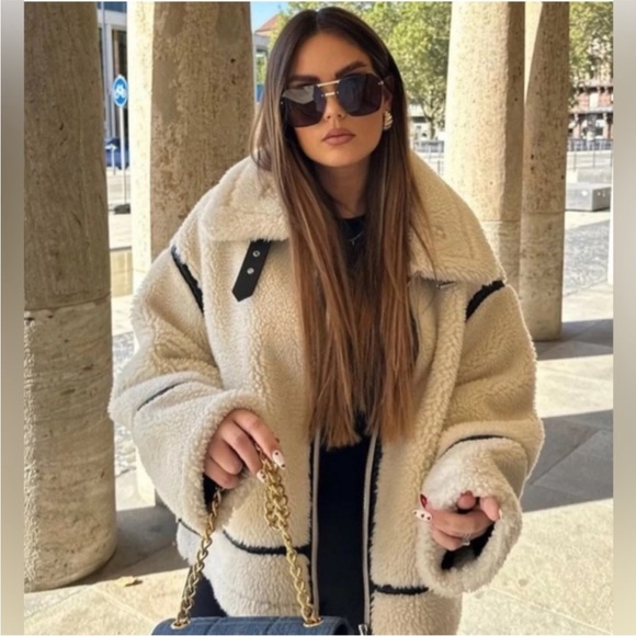 ZARA Ivory Cream White Faux Fur Shearling Sherpa Faux Leather Moto Jacket - Picture 2 of 10